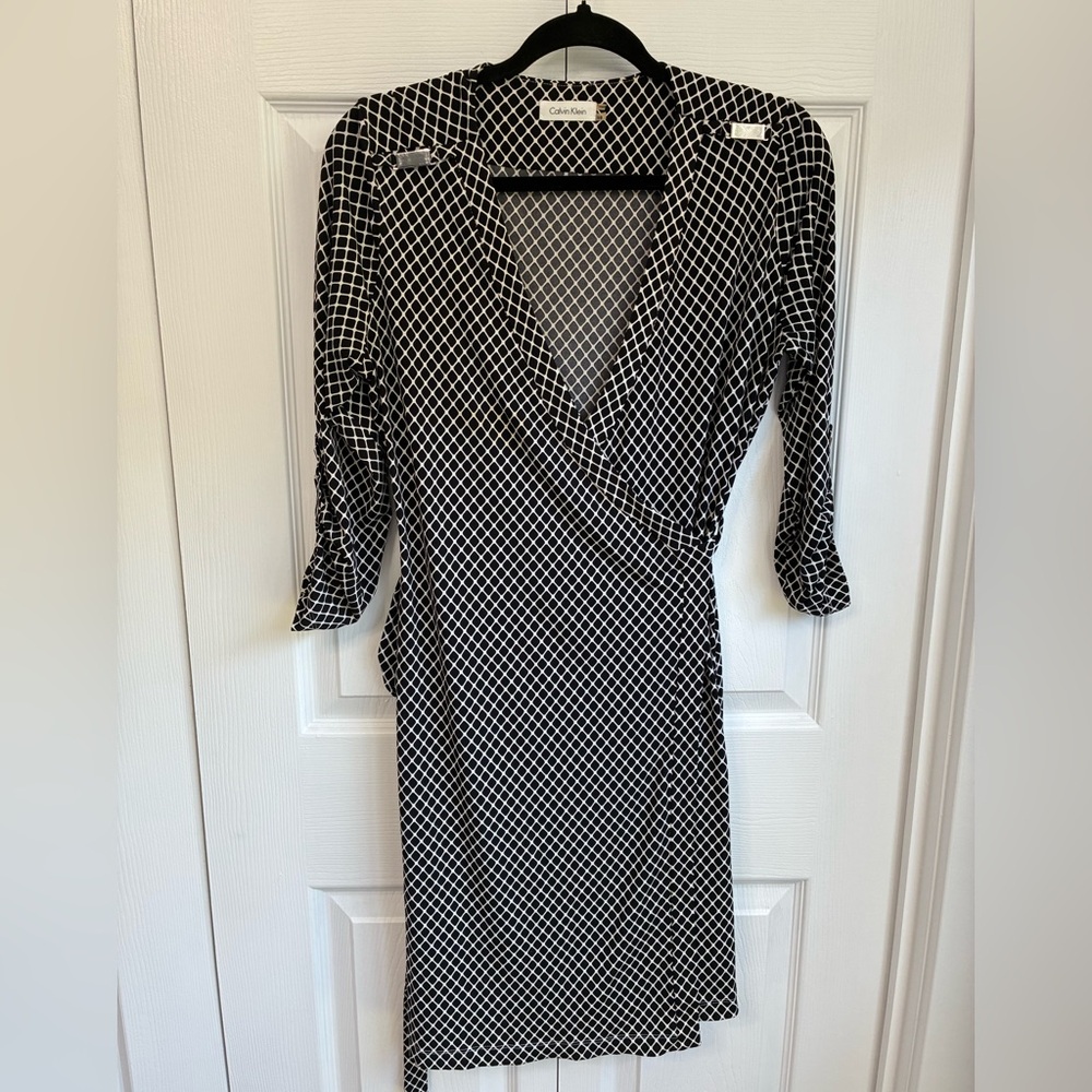 Calvin Klein Black and White Geometric Wrap Midi Dress